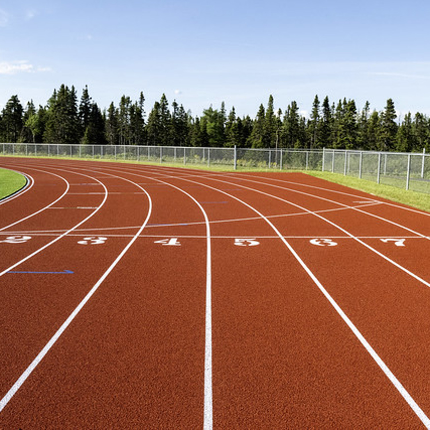 An empty track on a bright sunny day. On the track, you can see the lines with the numbers 1 through 8 on it, indicating the different lanes.