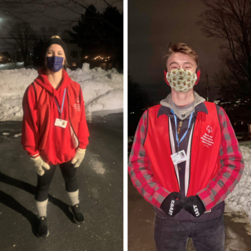 Side by side images of two different face to face canvassers. The image on the left showcases a full body image of a woman canvasser. She is wearing a red Special Olympics vest, with a lanyard around her neck, a mask, and a toque. The image on the right showcases a closer up image of a man canvasser. He is wearing a red Special Olympics vest, with a lanyard around his neck, a mask, and earmuffs. There is snow on the ground.