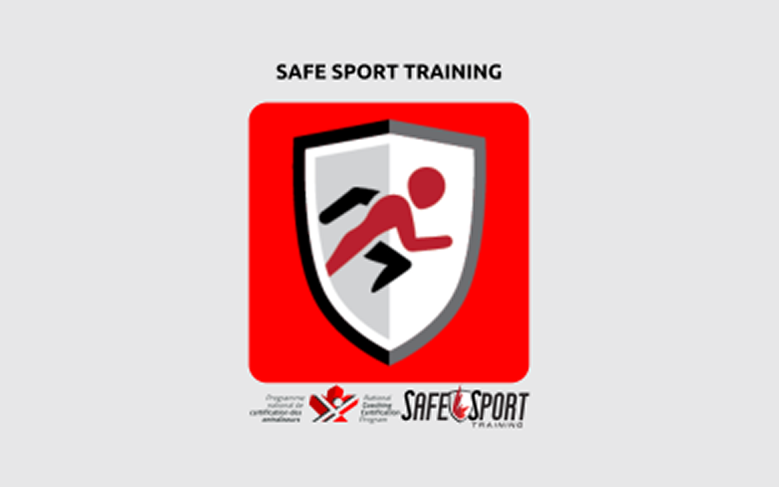 An infographic image that reads "Safe Sport Training" in black text. Below it is a white, red, black, and silver person running on a shield icon. Below that is the NCCP logo and the Safe Sport logo right beside each other.