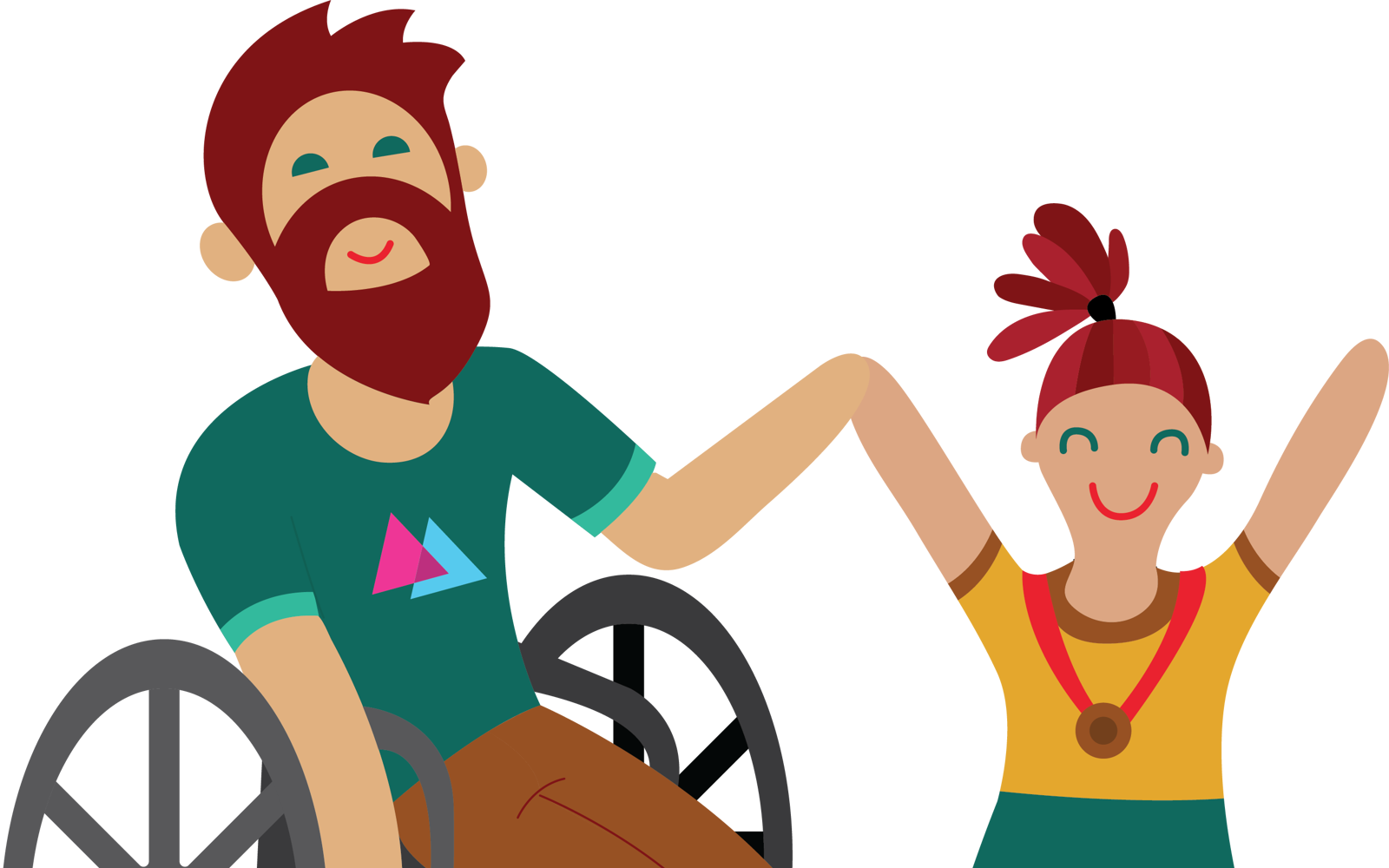 Illustration of a man in a wheelchair holding hands with a small child. Both look happy. 
