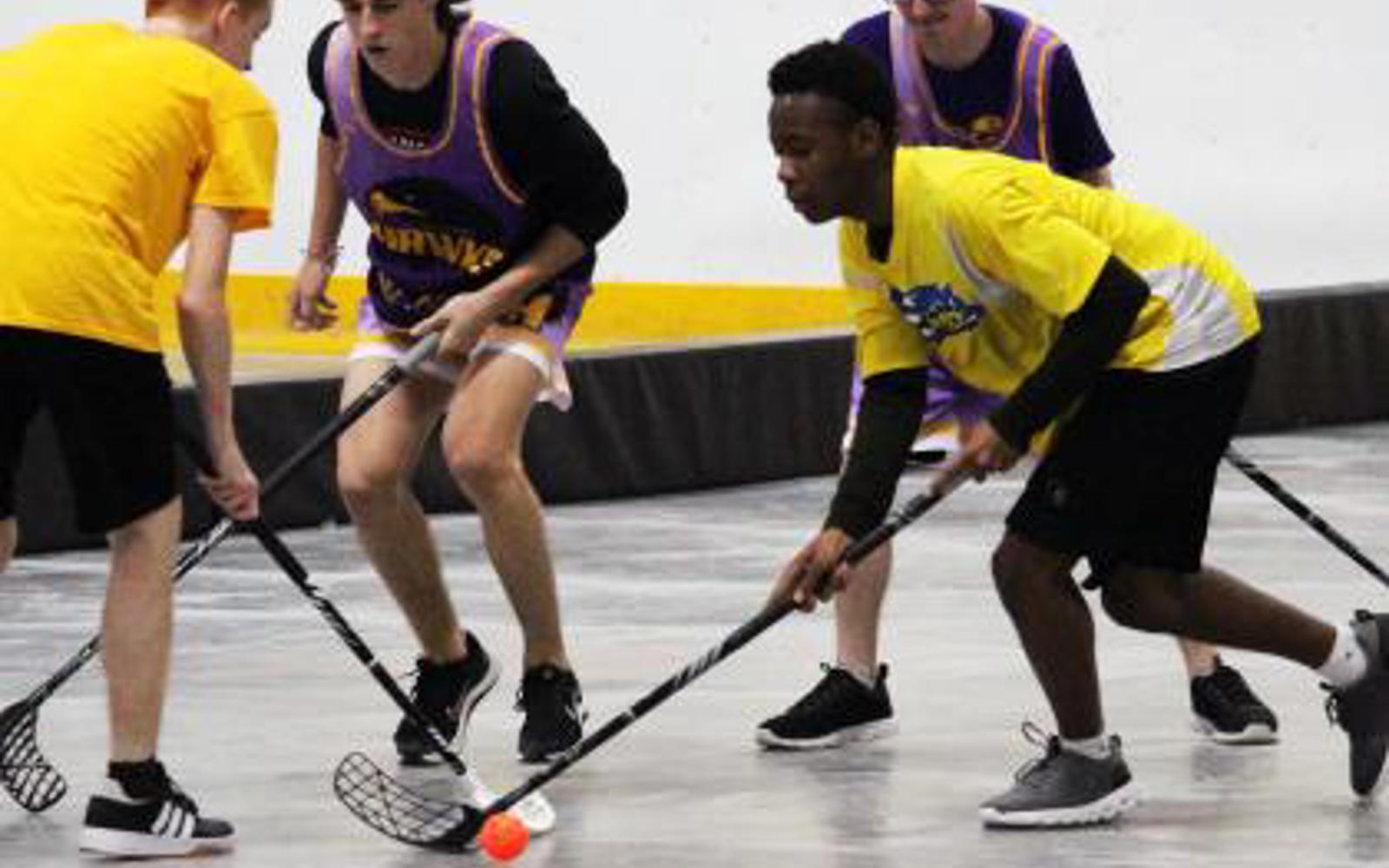 Four athletes, two in yellow shirts and two in black shirts. All have on black shorts. Each is holding a hockey stick and there is an orange ball on the floor. 