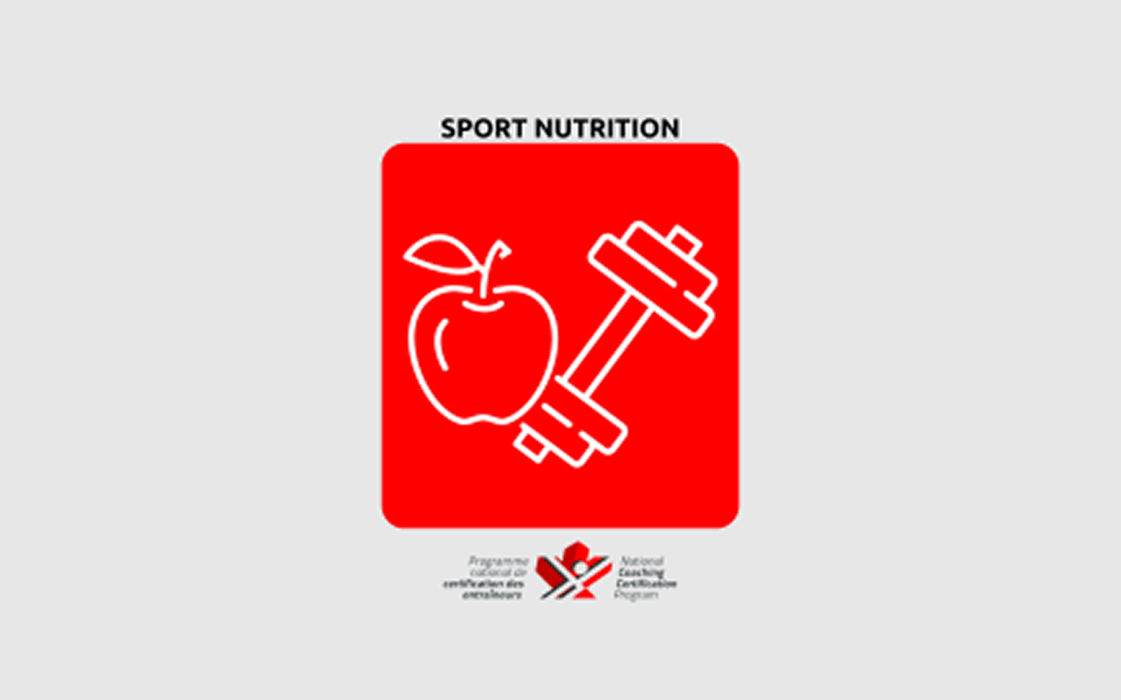 An infographic image that reads "Sport Nutrition" in black text. Below it is a red square with a white apple and weight icon inside of it. Below that is the NCCP logo.