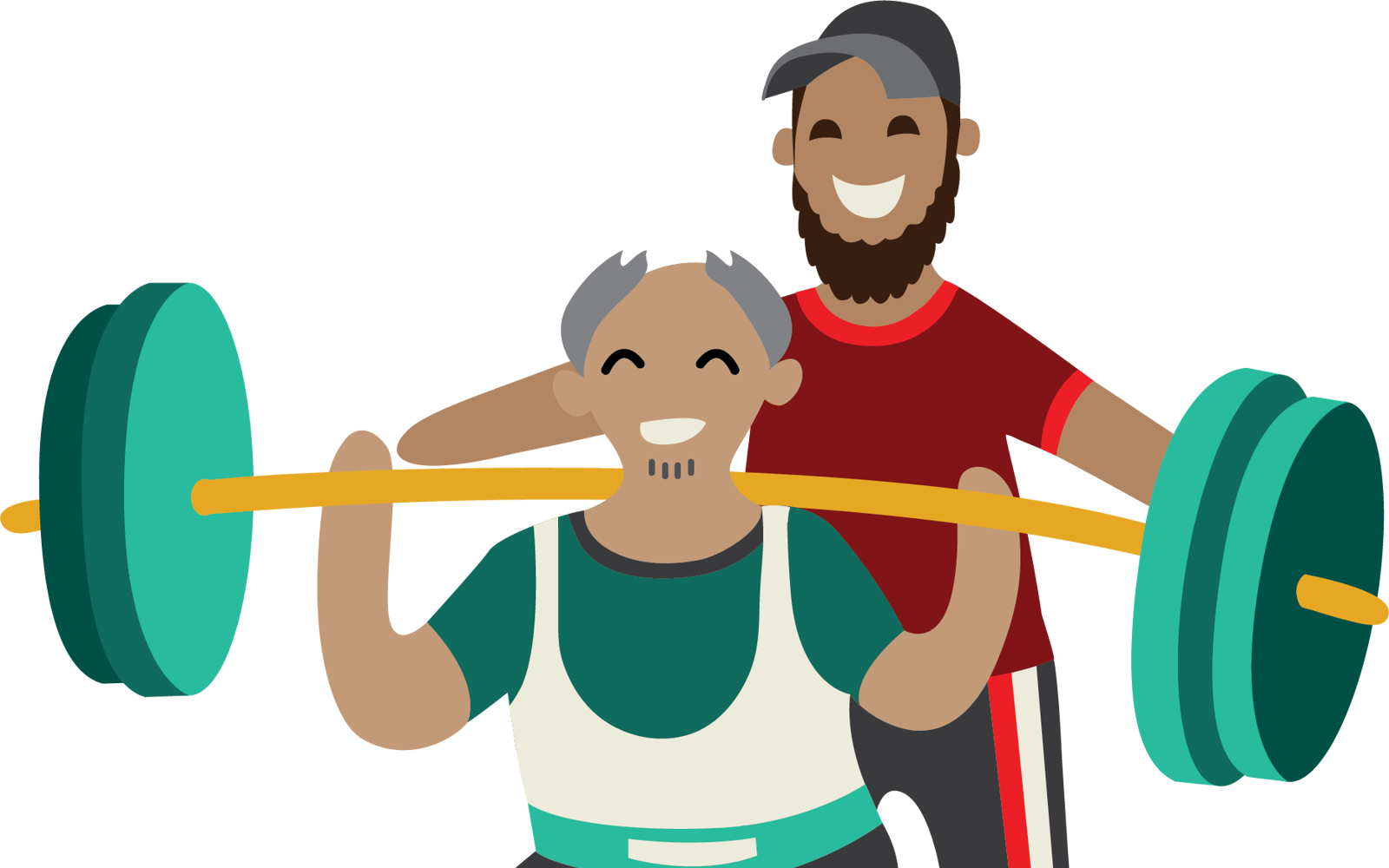 Illustration of a man lifting weights while someone stands behind him to spot. 