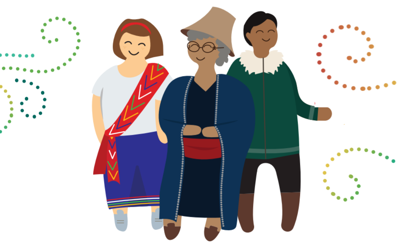 An illustration of three indigenous people smiling in their traditional clothing.