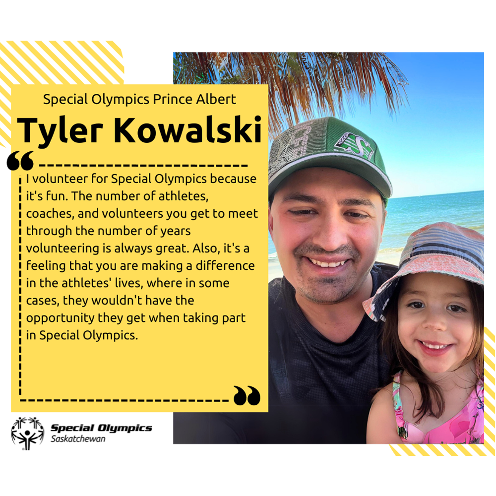 A selfie image of Tyler Kowalski with a little girl. They appear to be on vacation as you can see the blue ocean and a palm tree behind them.
