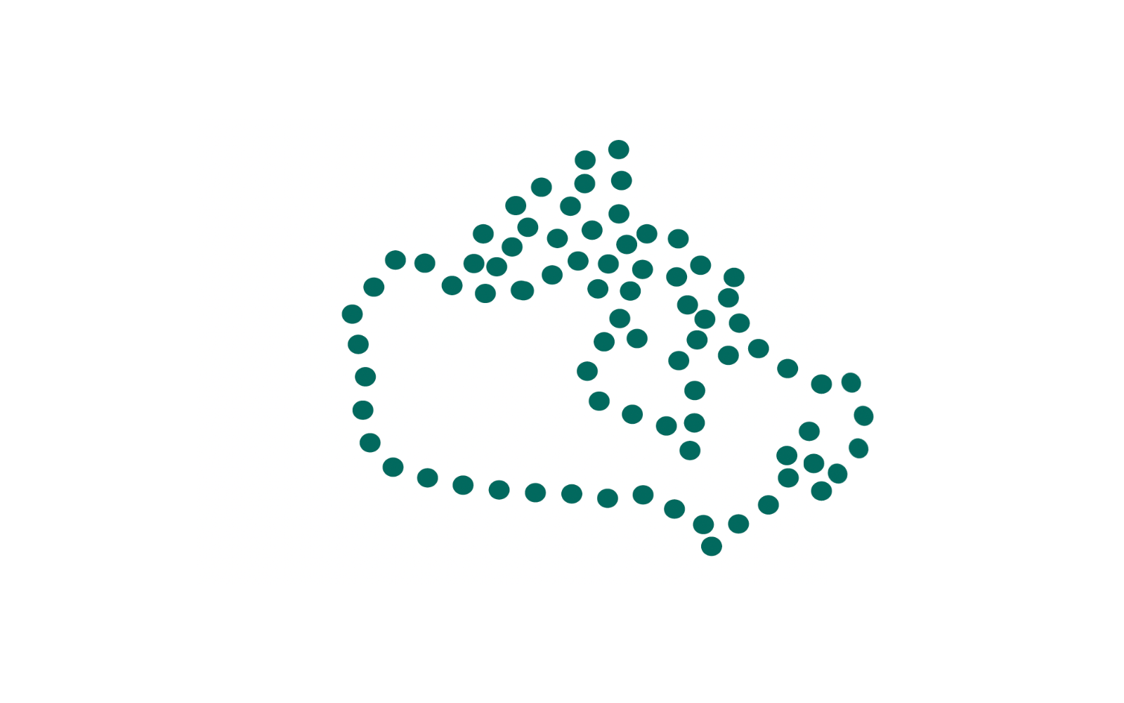 An abstract illustration of the map of Canada. The map of Canada is drawn with little turquoise dots that make up the outline of Canada seen in the image.