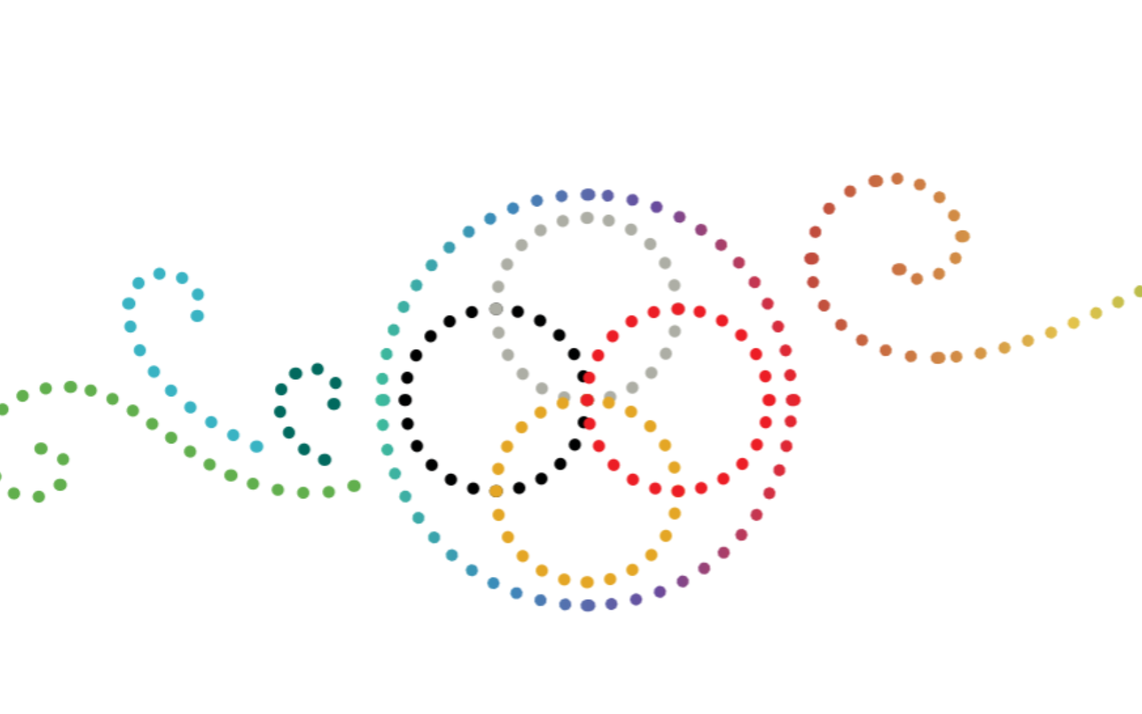 An abstract illustration of four circles intersecting each other, inside a circle, and surrounded by swirly lines. This image represents the "Holistic Model". The circles and the swirly lines are drawn with little multicoloured dots that make up the shapes seen in the image.