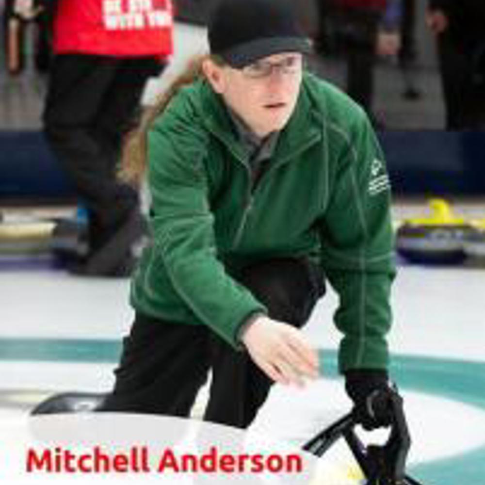 Closeup photo of Mitchell Anderson. It's also an action shot of him playing curling.
